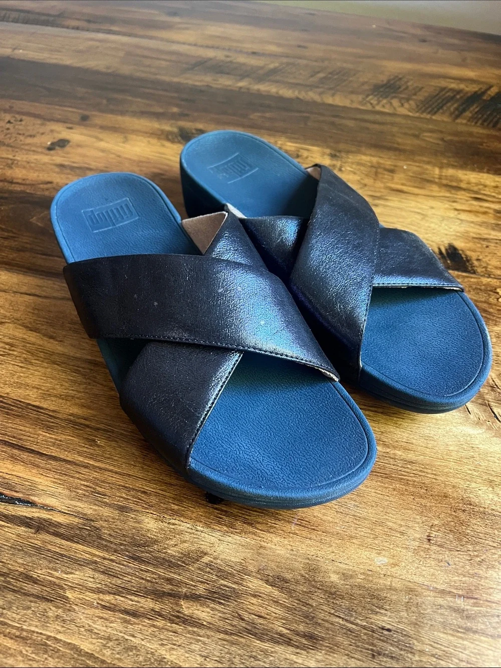 Fitflop Lulu Cross Glitz Slide Sandal Navy Sz 9 Comfort Sandal